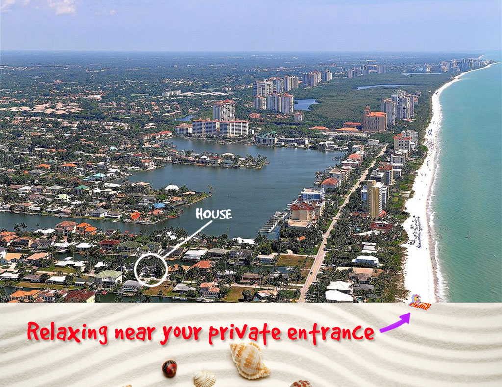 Aerial view of Vanderbilt Beach showing location of rental beach house private beach entrance